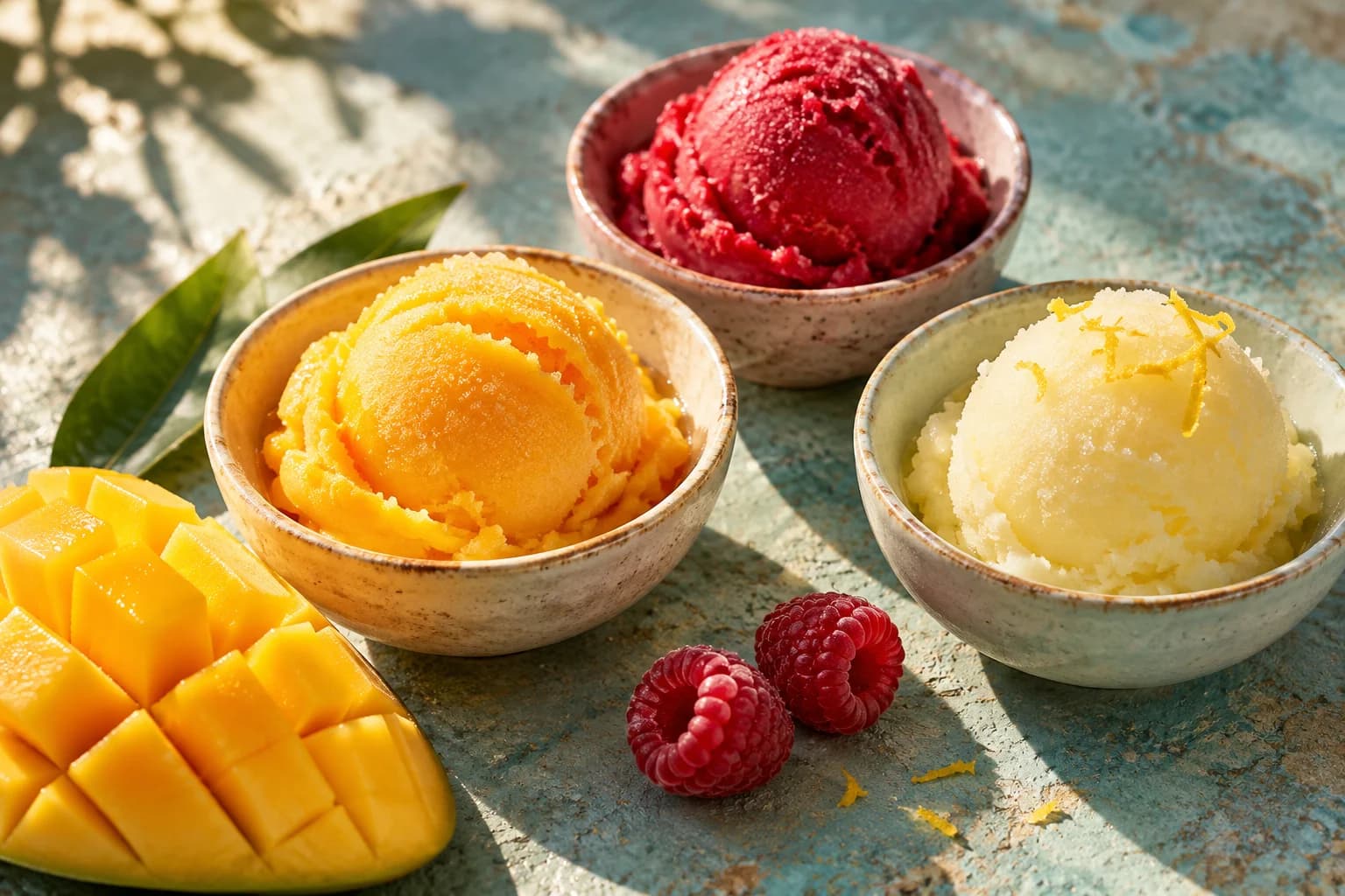 Three bowls of colourful fruit sorbet with fresh fruit