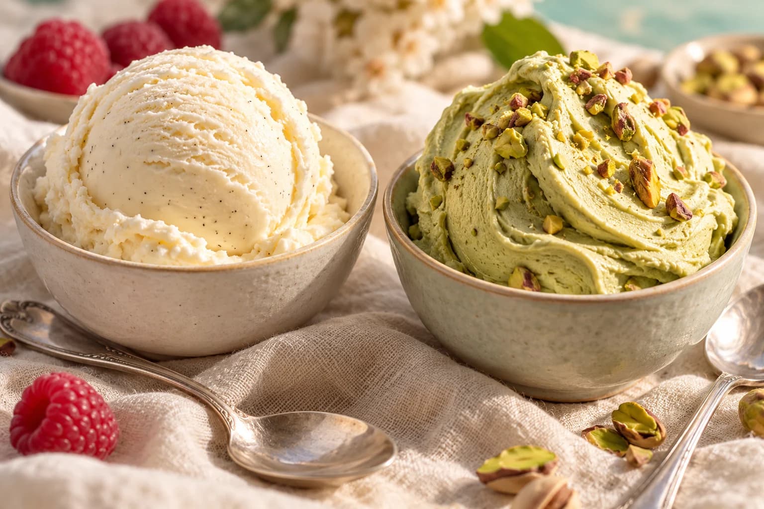 Two bowls showing scooped ice cream and a soft folded frozen dessert