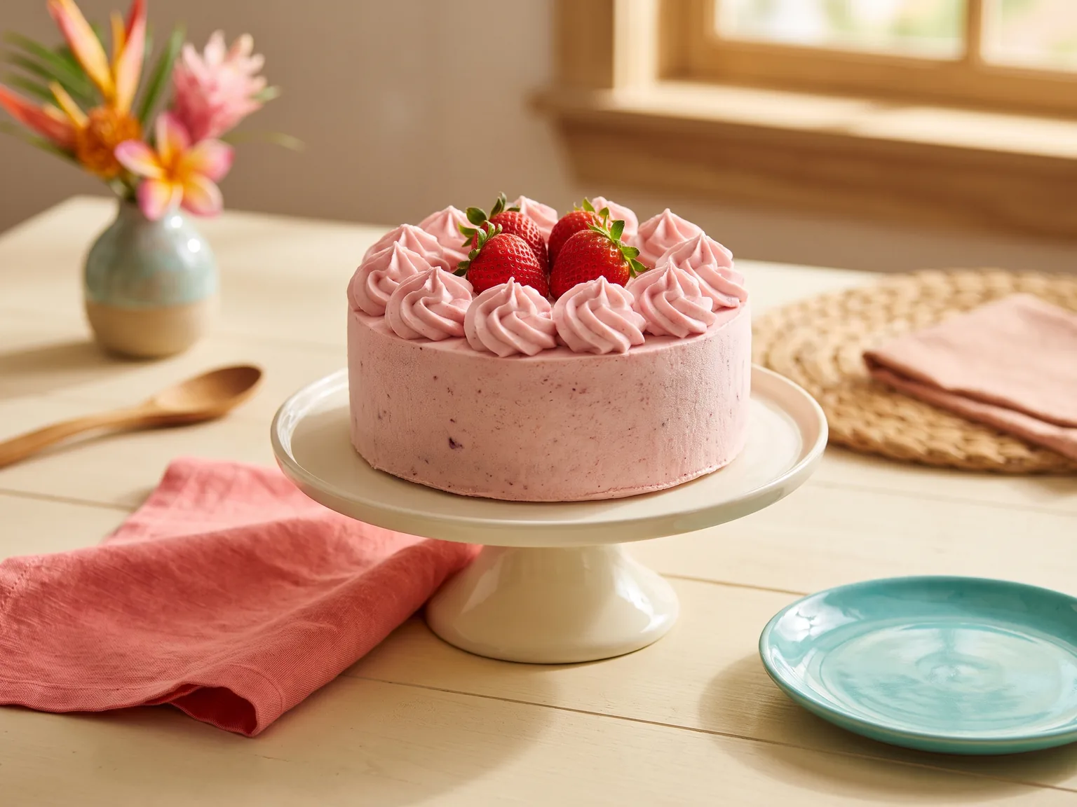 A plain pink celebration cake with berry decoration on an ivory stand.