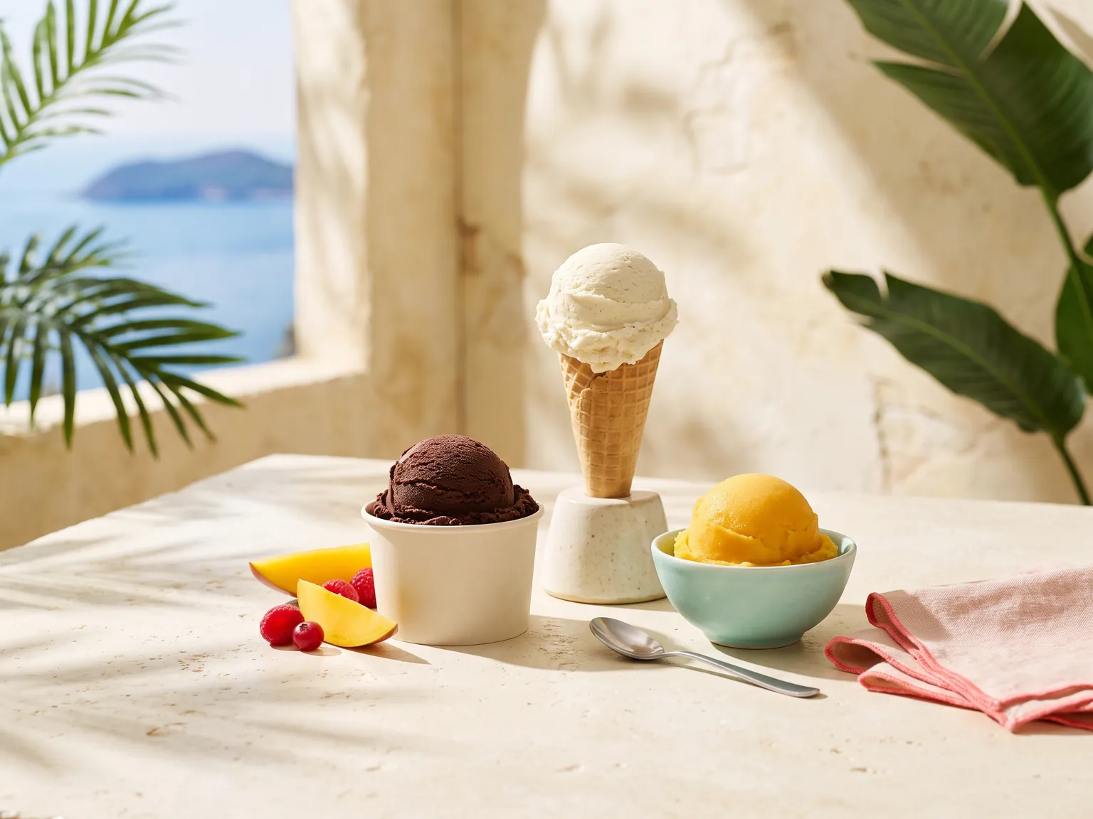 A plain ice cream cone, cup and bowl arranged with fruit on a bright table.