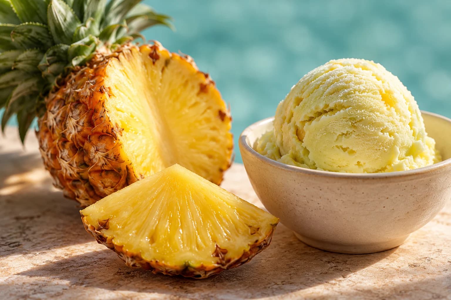 Pale yellow frozen dessert beside fresh pineapple