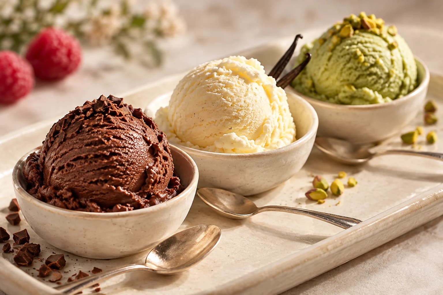 Three small bowls of ice cream arranged for a tasting