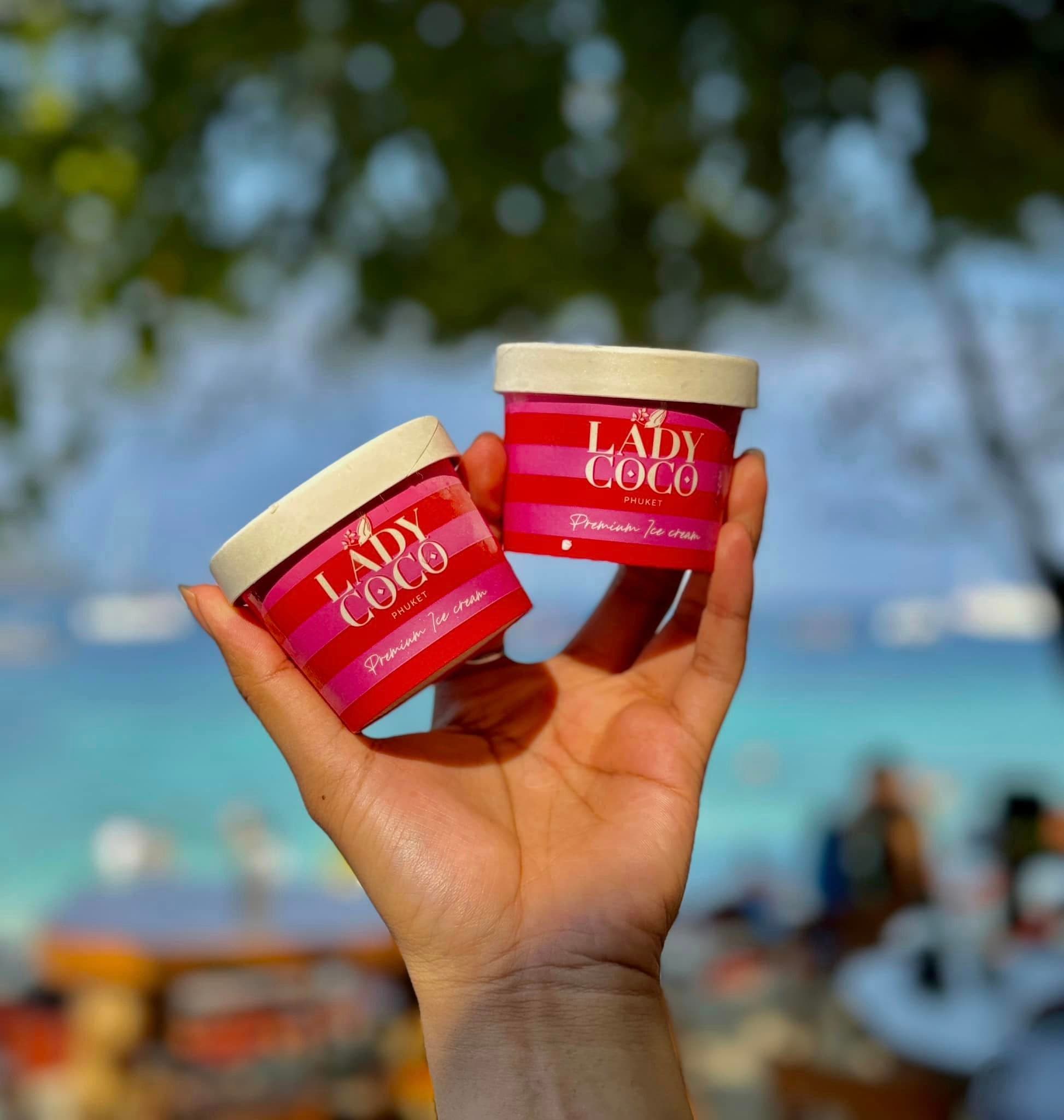 Two Lady Coco ice cream cups in the sunshine