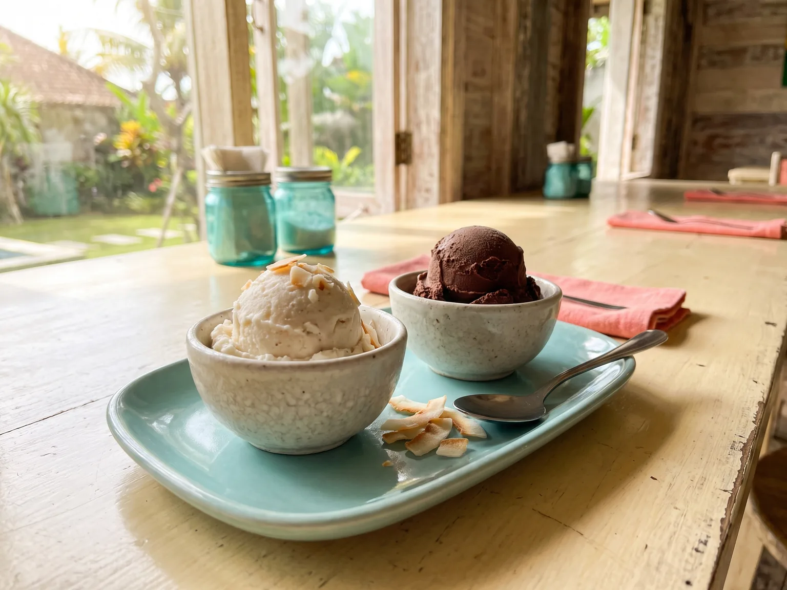 Pale coconut-inspired and dark chocolate ice cream in separate bowls on a turquoise tray