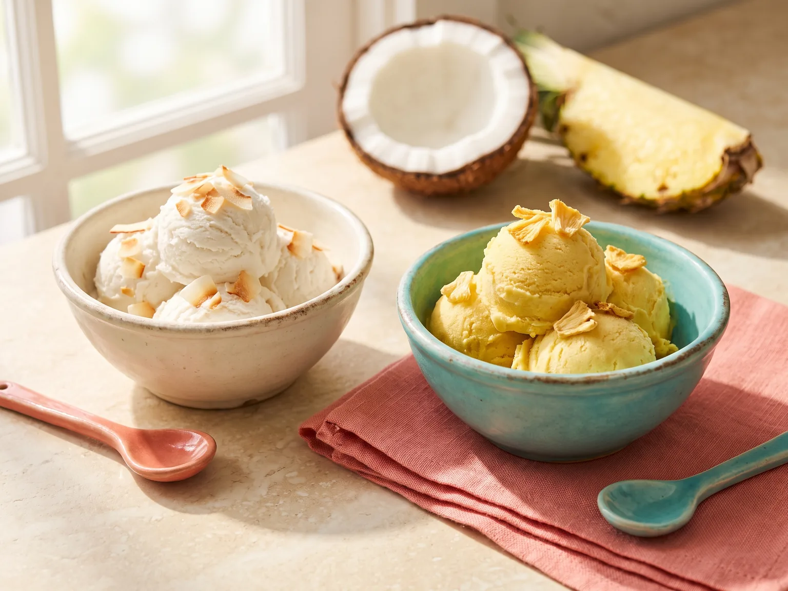 Pale coconut-inspired and golden pineapple-inspired scoops in separate bowls
