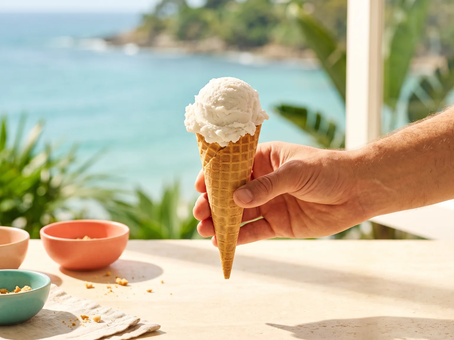 An adult hand holding a plain waffle cone with a pale scoop against a blurred tropical view