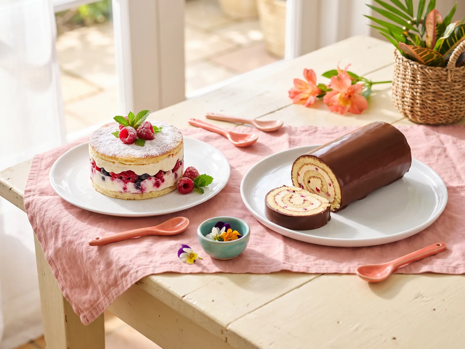 A round berry-decorated cake and chocolate-coated log-shaped cake on plain plates.
