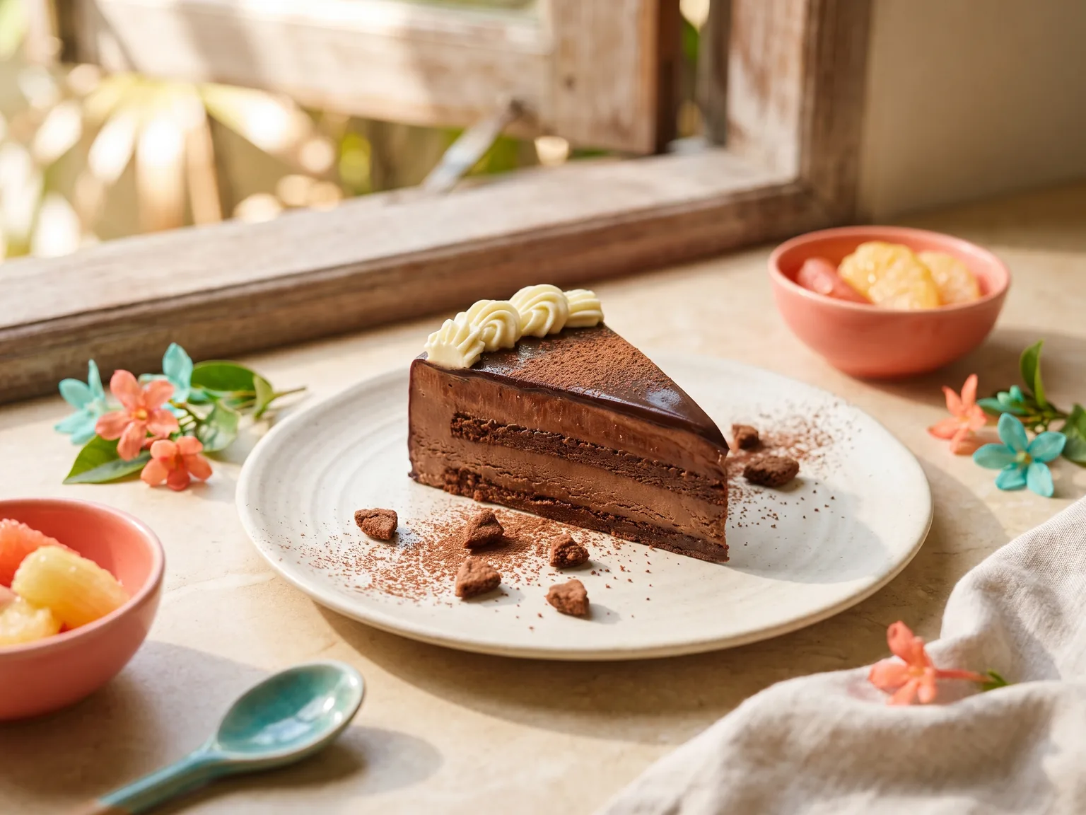A chocolate-coloured cake slice on a plain plate with small crumbs.