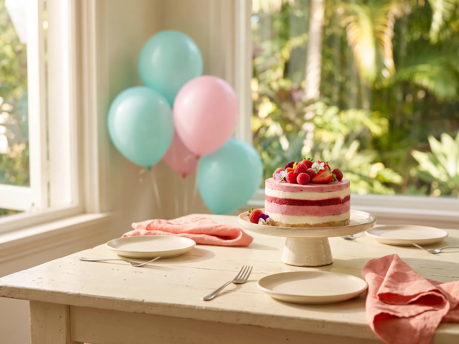 A berry-layered cake on a stand beside plain plates and pastel balloons.