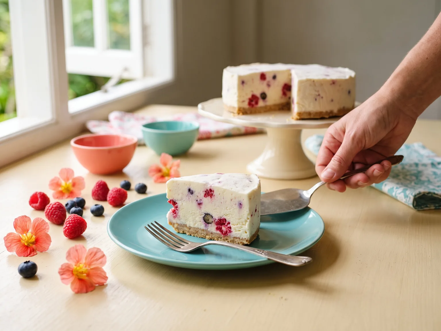 A cropped hand holding a cake server beside a berry-filled frozen cake slice on a turquoise plate.