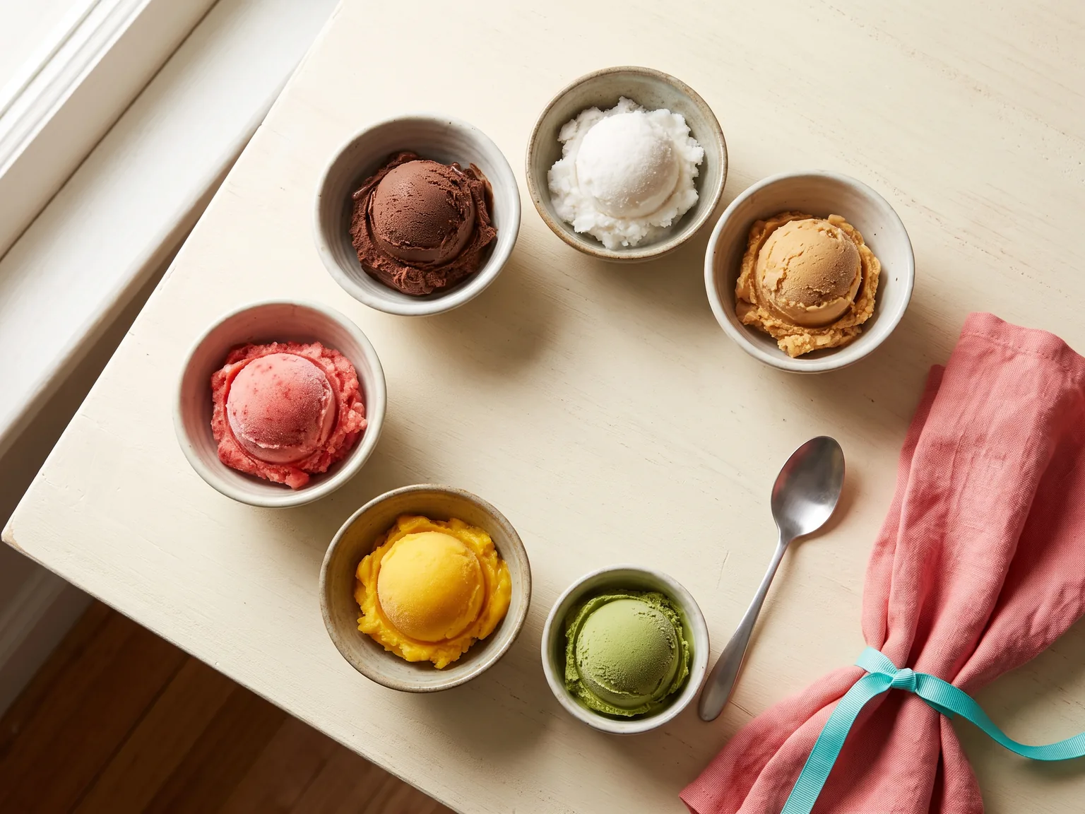 Six differently coloured frozen scoops arranged in separate bowls.