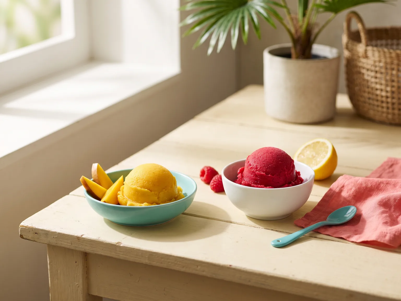 Golden and red frozen scoops in plain bowls with fruit nearby.