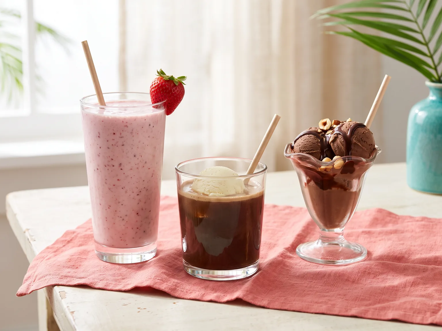 A pink shake, brown float and chocolate-coloured sundae in plain glasses.