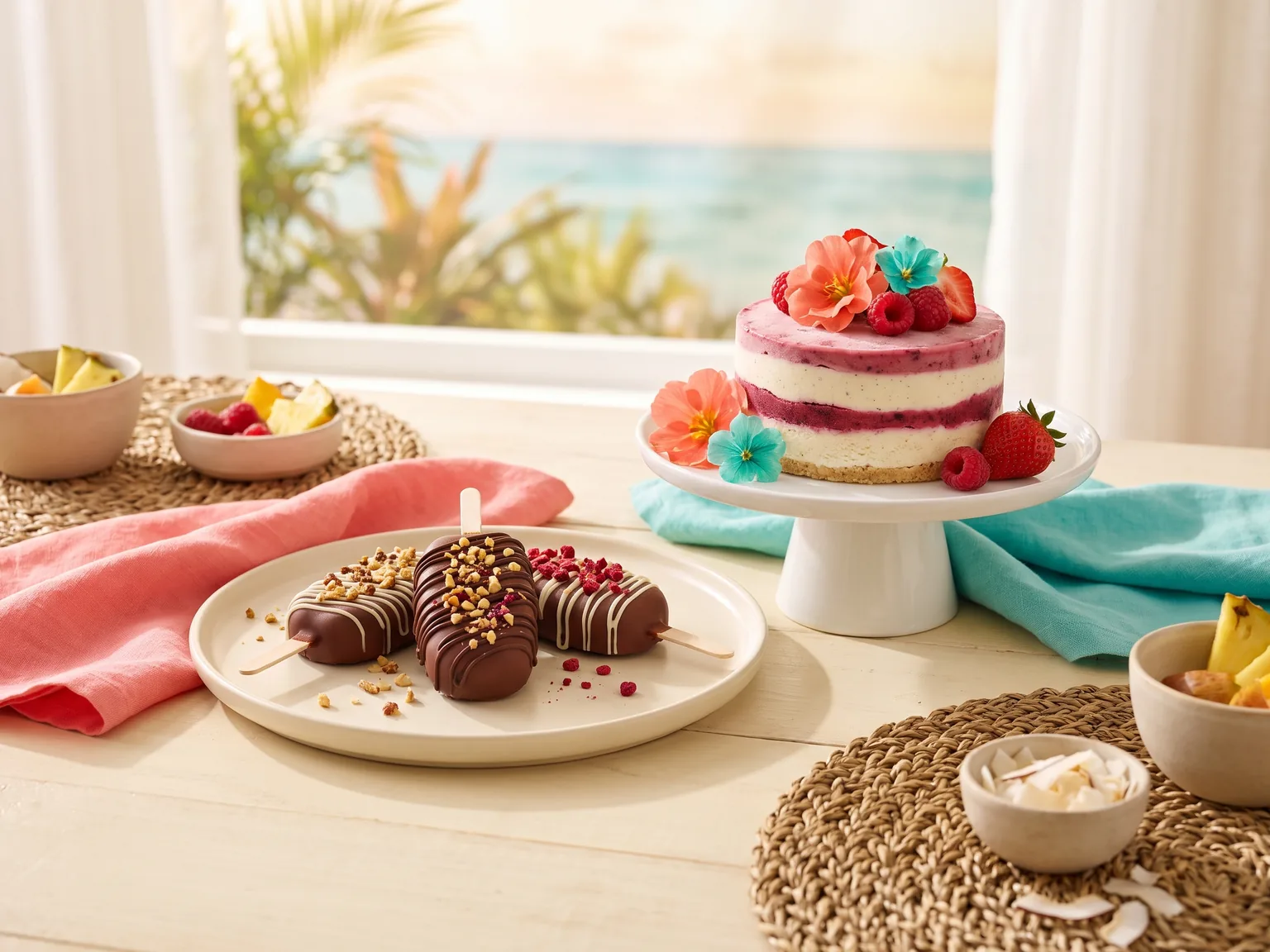 Chocolate-coated popsicles beside a small layered frozen-dessert cake.